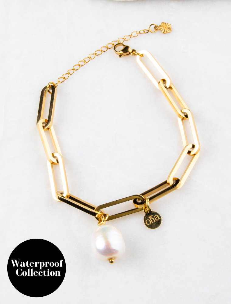 Belinda Waterproof Chunky Paperlink Bracelet - 18k Gold Plated Stainless Steel/Baroque Pearl