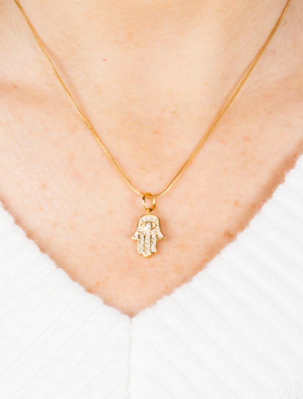 Hamsa Charm Waterproof Snake Chain Necklace - 18k Gold Plated Stainless Steel - Image 4