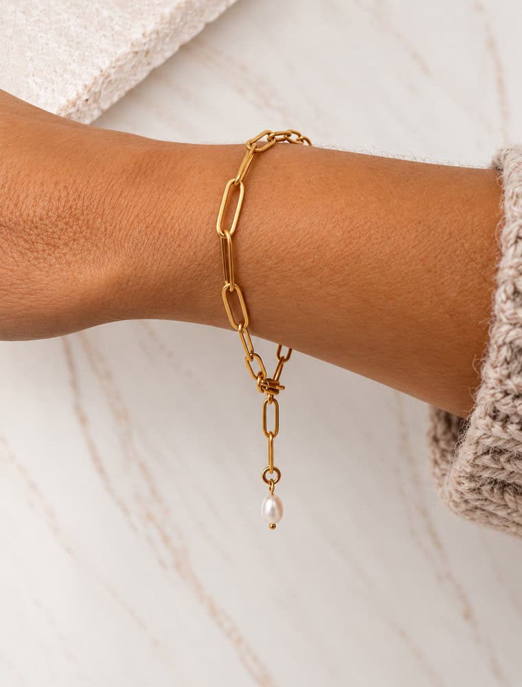 Norah Adjustable Waterproof Paperlink Bracelet With Freshwater Pearl Charm - 18k Gold Plated Stainless Steel - Image 2