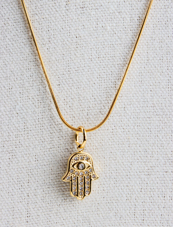 Hamsa Charm Waterproof Snake Chain Necklace - 18k Gold Plated Stainless Steel - Image 3