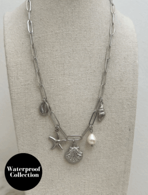 Waterproof Shell & Starfish Charm Necklace - Silver Plated Stainless Steel