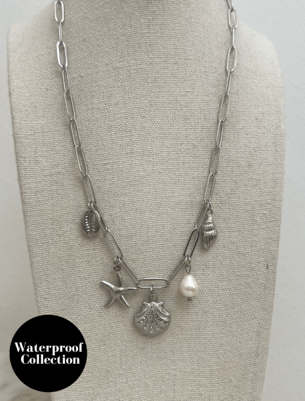 Waterproof Shell & Starfish Charm Necklace - Silver Plated Stainless Steel