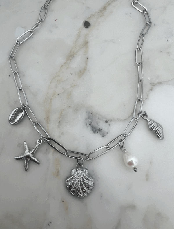Waterproof Shell & Starfish Charm Necklace - Silver Plated Stainless Steel - Image 2