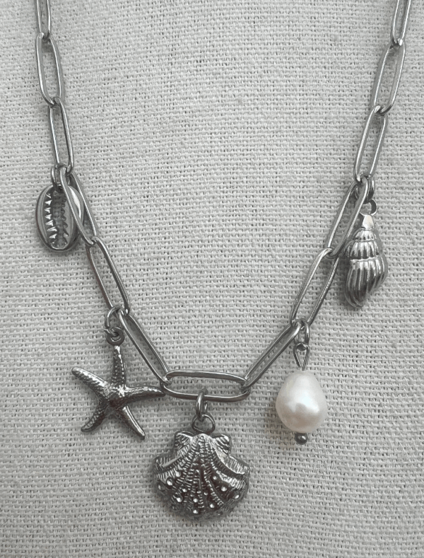 Waterproof Shell & Starfish Charm Necklace - Silver Plated Stainless Steel - Image 3