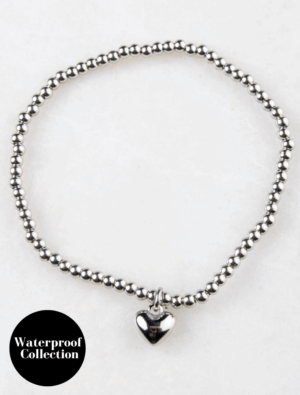 Miranda Waterproof Small Bead Stretch Bracelet Puffed Heart Charm - Silver/Stainless Steel