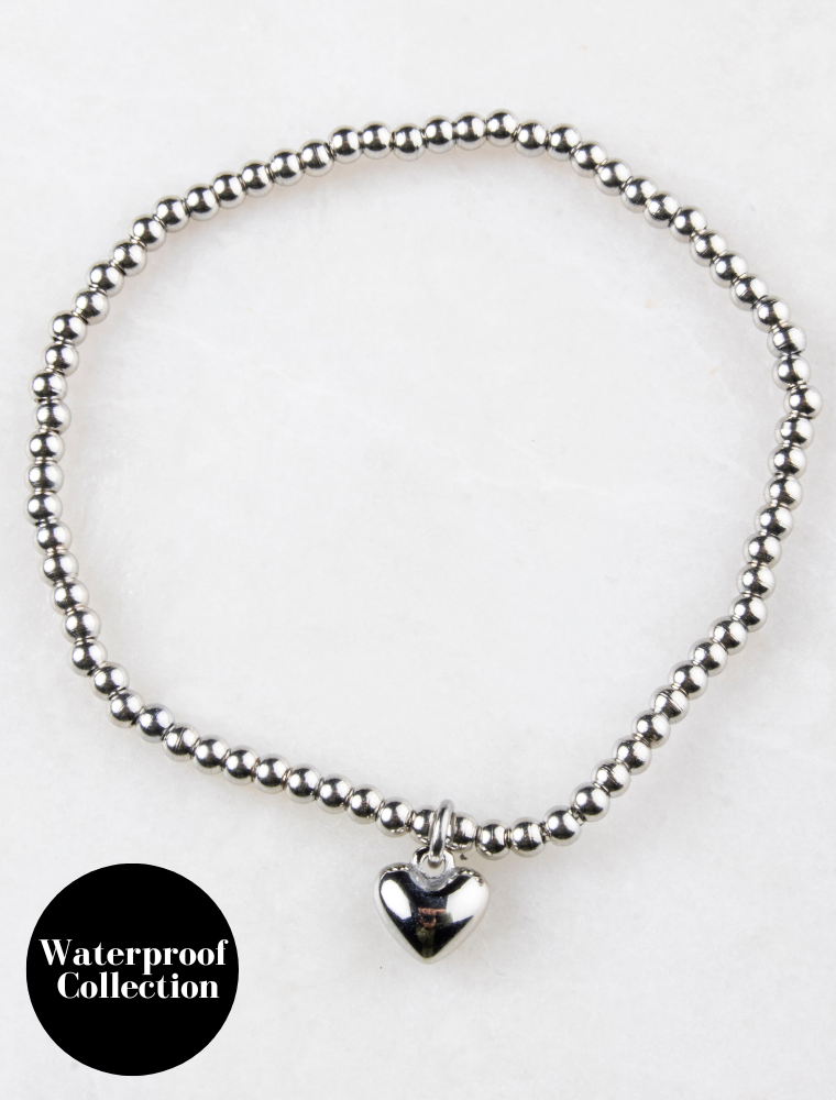 Miranda Waterproof Small Bead Stretch Bracelet Puffed Heart Charm - Silver/Stainless Steel