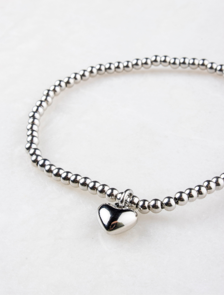 Miranda Waterproof Small Bead Stretch Bracelet Puffed Heart Charm - Silver/Stainless Steel - Image 3