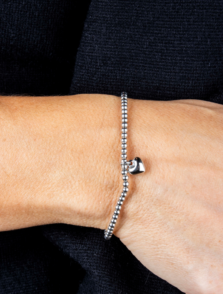 Miranda Waterproof Small Bead Stretch Bracelet Puffed Heart Charm - Silver/Stainless Steel - Image 2