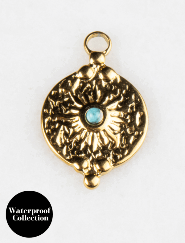 Large Turquoise Gem Disc Charm - 16 - 18k Gold Plated Stainless Steel