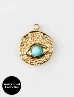 Small Hammered Turquoise Eye Disc Charm - 29 - 18k Gold Plated Stainless Steel