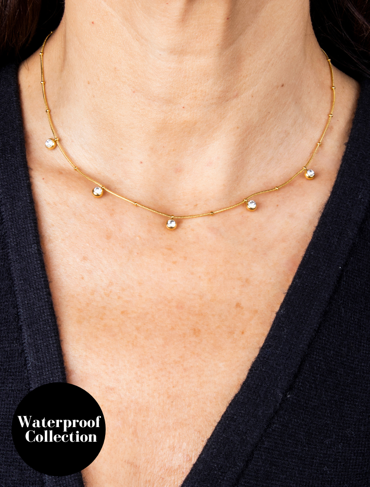 Imogen Snake Ball Chain Waterproof Necklace with Diamante Charms - 18k Gold Plated Stainless Steel