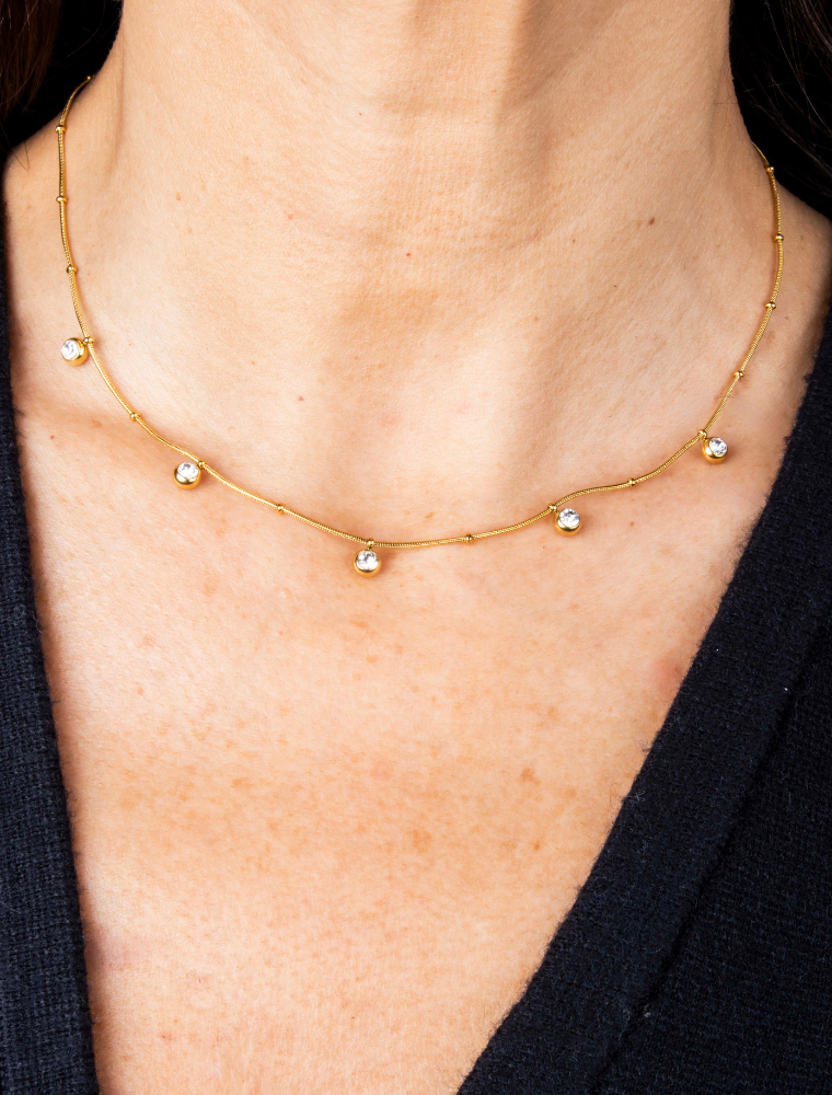 Imogen Snake Ball Chain Waterproof Necklace with Diamante Charms - 18k Gold Plated Stainless Steel - Image 4