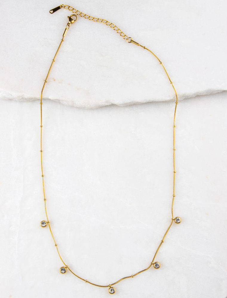 Imogen Snake Ball Chain Waterproof Necklace with Diamante Charms - 18k Gold Plated Stainless Steel - Image 3