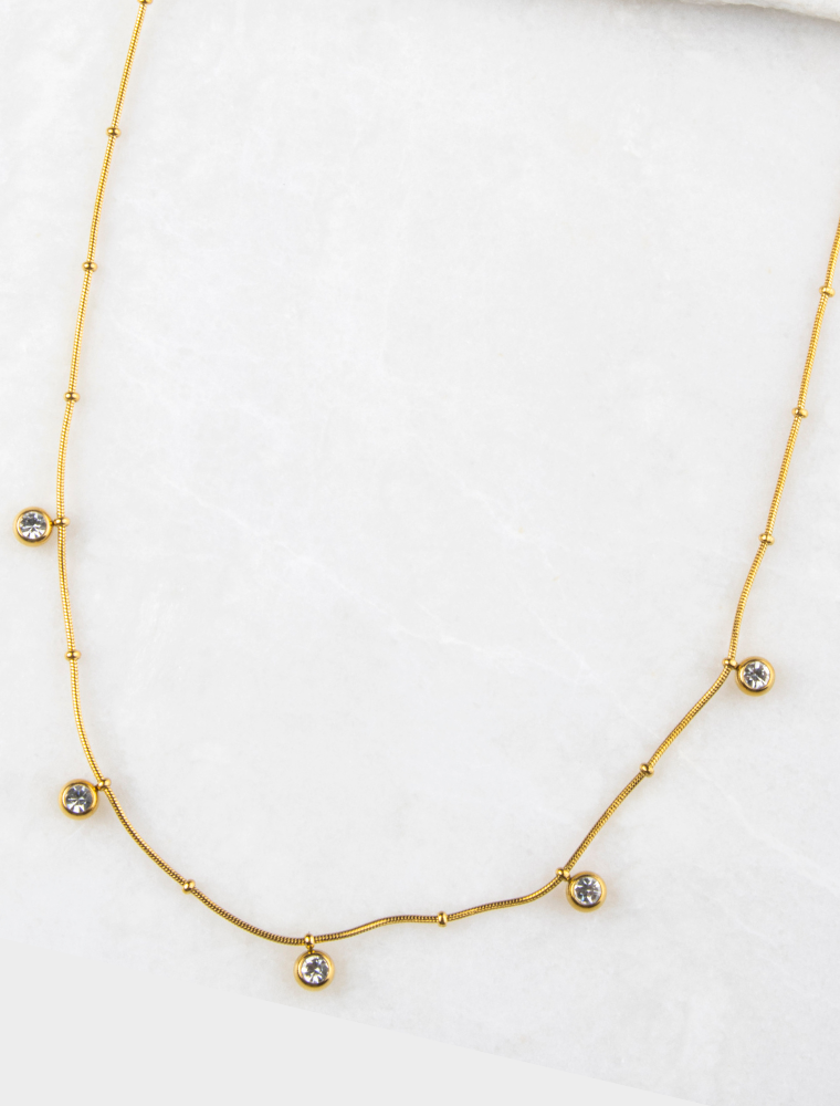 Imogen Snake Ball Chain Waterproof Necklace with Diamante Charms - 18k Gold Plated Stainless Steel - Image 2