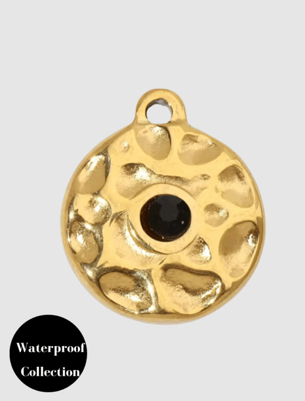 Medium Hammered Coin Black Gemstone - 113 - 18k Gold Plated Stainless Steel
