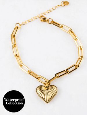 Crystal Ridge Heart Charm Chunky Paperlink Waterproof Bracelet - 18k Gold Plated/Stainless Steel