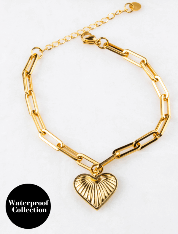 Crystal Ridge Heart Charm Chunky Paperlink Waterproof Bracelet - 18k Gold Plated/Stainless Steel