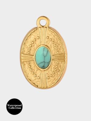 Large Hammered Oval Charm With Turquoise Gem - 114 - 18k Gold Plated Stainless Steel