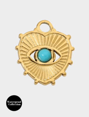 Medium Detailed Heart With Turquoise Eye Charm - 115 - 18k Gold Plated Stainless Steel