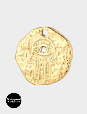 Large Hammered Coin With Hamsa Engraving - 112 - 18k Gold Plated Stainless Steel