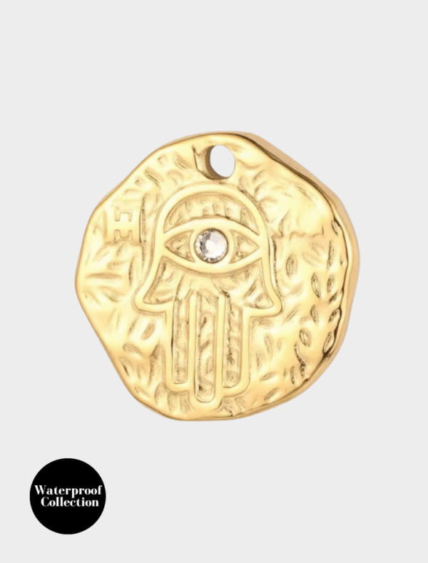 Large Hammered Coin With Hamsa Engraving - 112 - 18k Gold Plated Stainless Steel