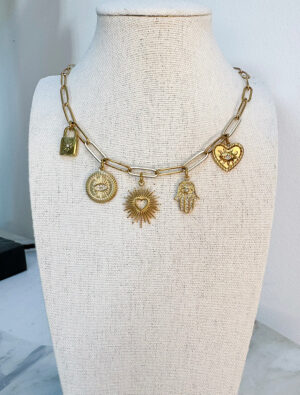 5 Charm Waterproof Charm Paperlink Necklace-18k Gold Plated Stainless Steel