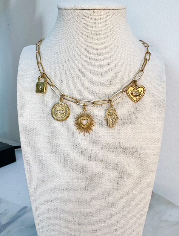 5 Charm Waterproof Charm Paperlink Necklace-18k Gold Plated Stainless Steel
