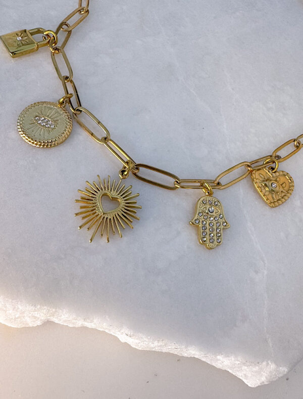 5 Charm Waterproof Charm Paperlink Necklace-18k Gold Plated Stainless Steel - Image 2