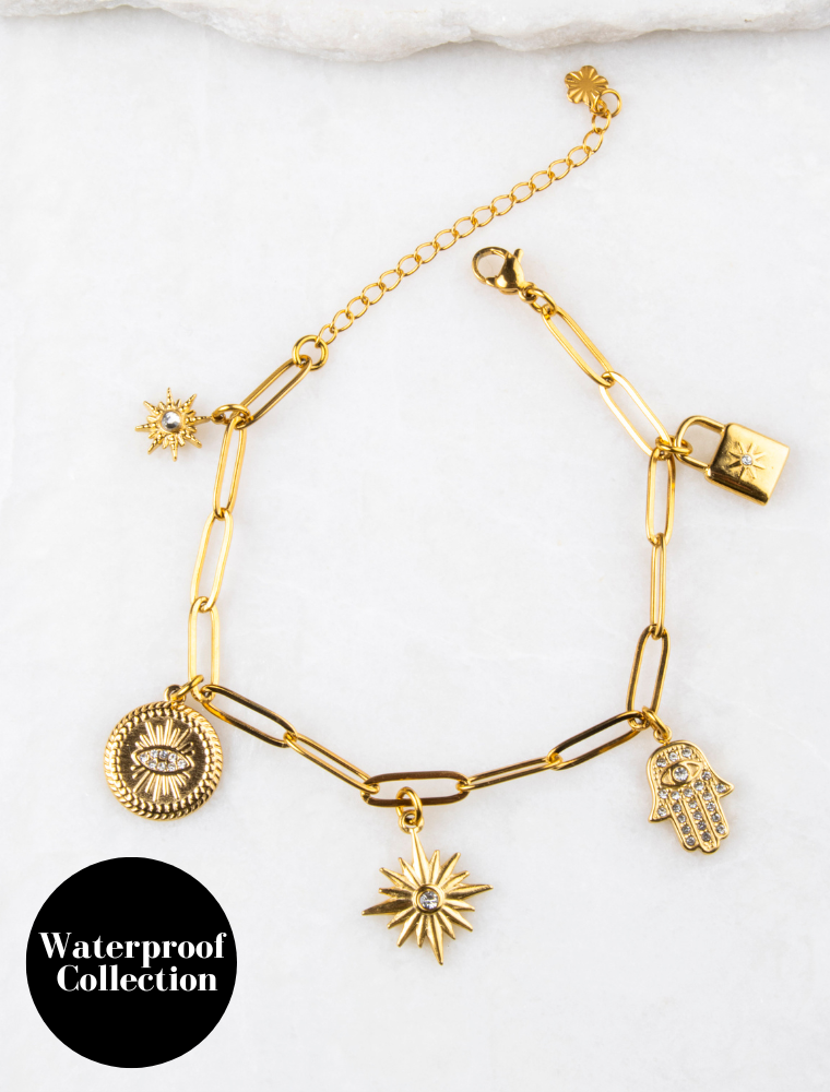 Gracie 5 Charm Waterproof Paperlink Bracelet - 18k Gold Plated Stainless Steel