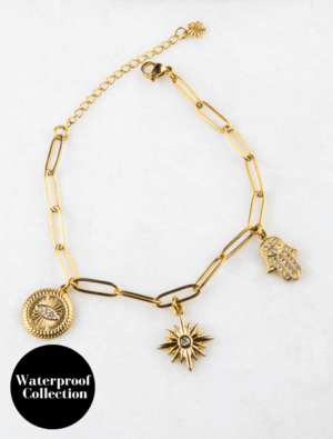 Charlotte 3 Charm Waterproof Paperlink Bracelet - 18k Gold Plated Stainless Steel