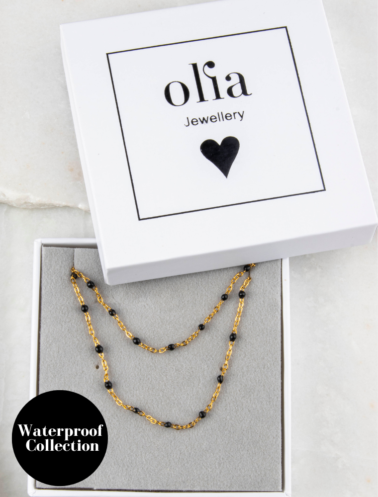 Peggy Bracelet & Queenie Necklace Waterproof Gift Set - Black/18k Gold Plated Stainless Steel