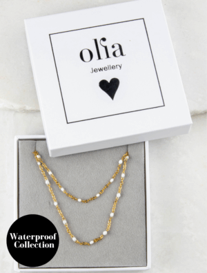 Peggy Bracelet & Queenie Necklace Waterproof Gift Set - White/18k Gold Plated Stainless Steel