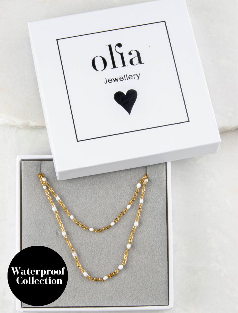 Peggy Bracelet & Queenie Necklace Waterproof Gift Set - White/18k Gold Plated Stainless Steel