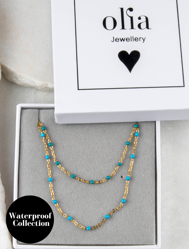 Peggy Bracelet & Queenie Necklace Waterproof Gift Set - Turquoise/18k Gold Plated Stainless Steel