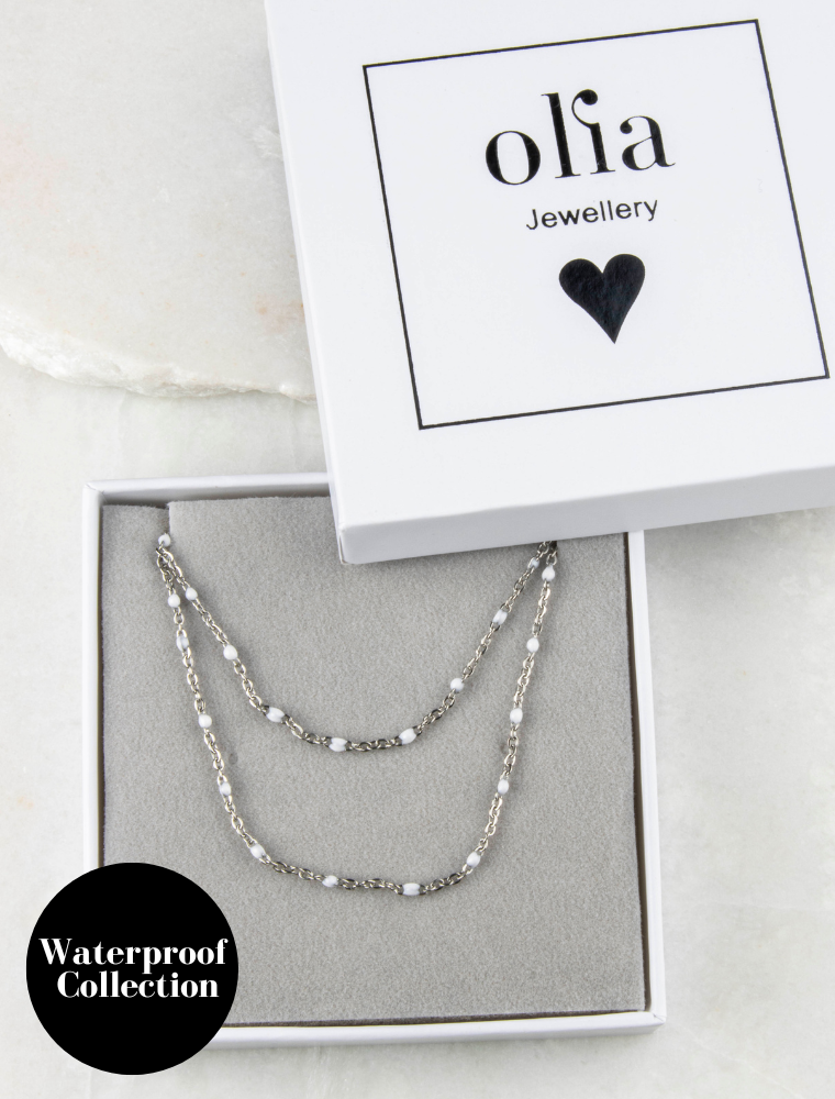 Peggy Bracelet & Queenie Necklace Waterproof Gift Set - White/Silver Stainless Steel