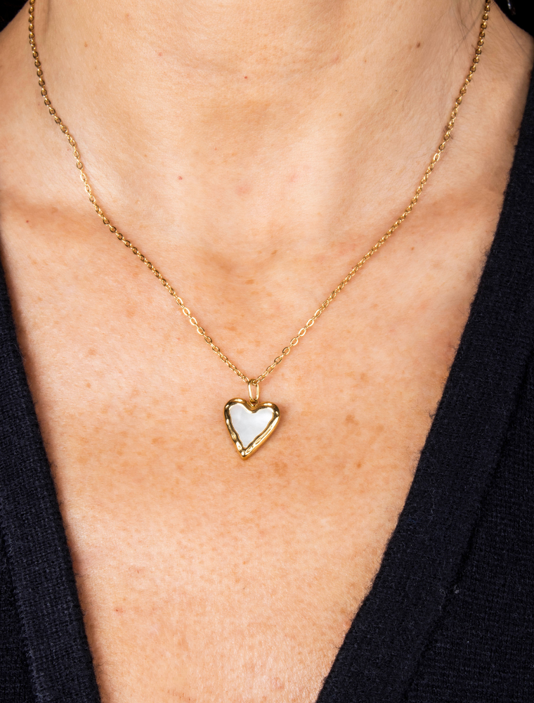 Tilly Fine Chain Waterproof Necklace with Mother of Pearl Heart Charm - 18k Gold Plated Stainless Steel - Image 2