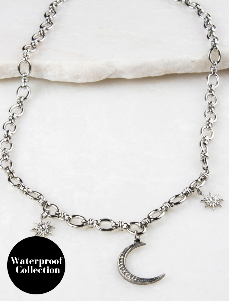 Lucinda Paperlink Waterproof Necklace with Moon & Star Charms - Silver/Stainless Steel