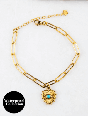 Orla Waterproof Paperlink Bracelet with Turquoise Eye Heart Charm - 18k Gold Plated/Stainless Steel