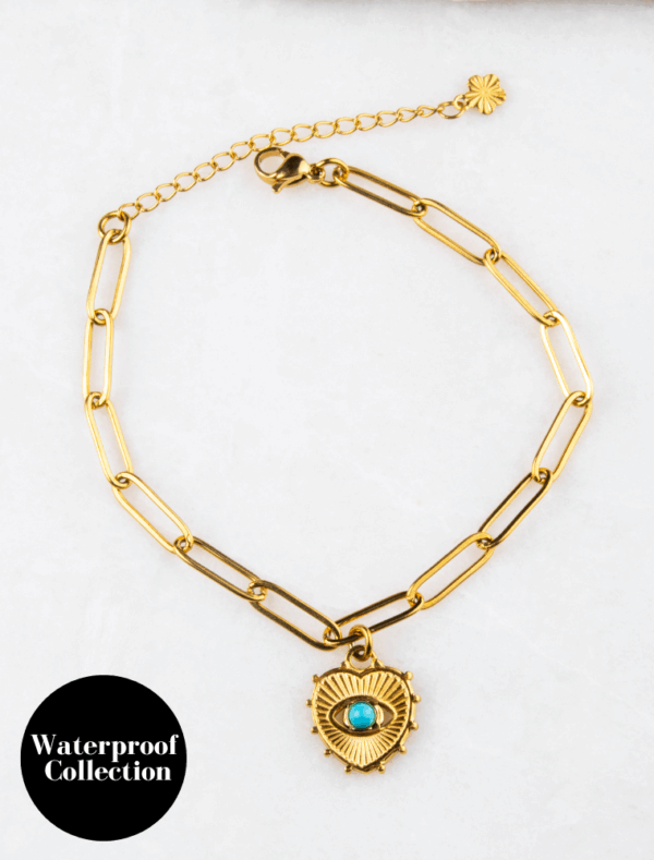 Orla Waterproof Paperlink Bracelet with Turquoise Eye Heart Charm - 18k Gold Plated/Stainless Steel