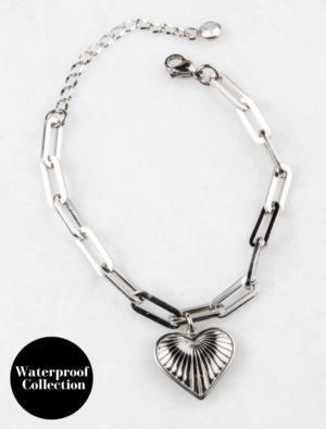 Crystal Ridge Heart Charm Chunky Paperlink Waterproof Bracelet -Silver/Stainless Steel
