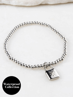 Victoria Waterproof Stretch Bead Bracelet With Padlock Charm - Silver/Stainless Steel