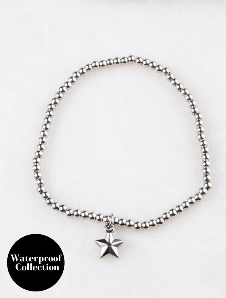 Sophie Waterproof Stretch Small Bead Bracelet With Star Charm - Silver/Stainless Steel