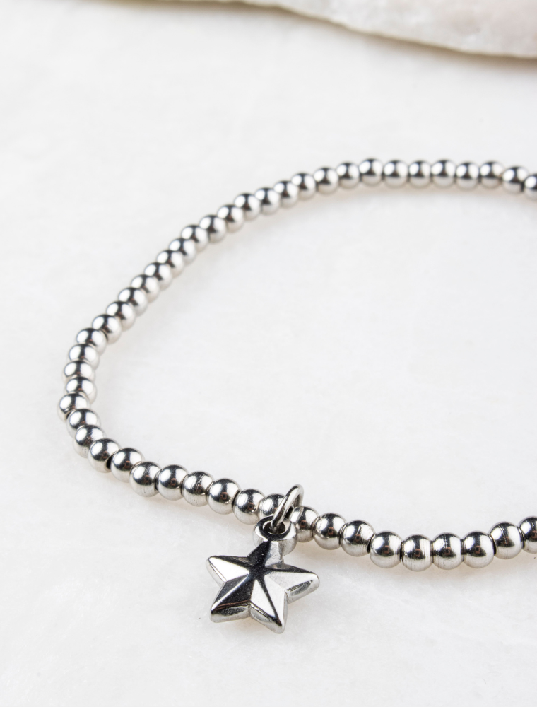Sophie Waterproof Stretch Small Bead Bracelet With Star Charm - Silver/Stainless Steel - Image 4