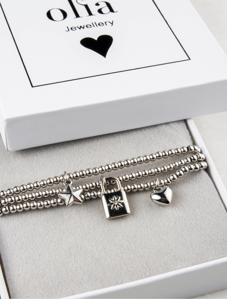 Heart, Star & Padlock Waterproof Charm Bracelet Stack - Silver/Stainless Steel - Image 3