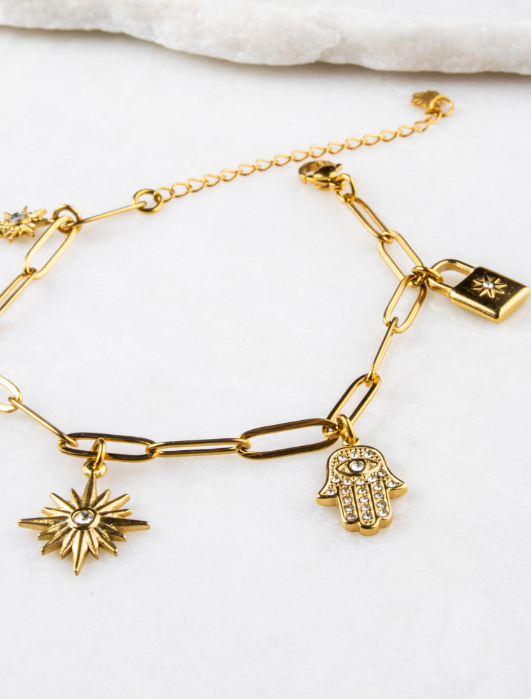 Gracie 5 Charm Waterproof Paperlink Bracelet - 18k Gold Plated Stainless Steel - Image 4