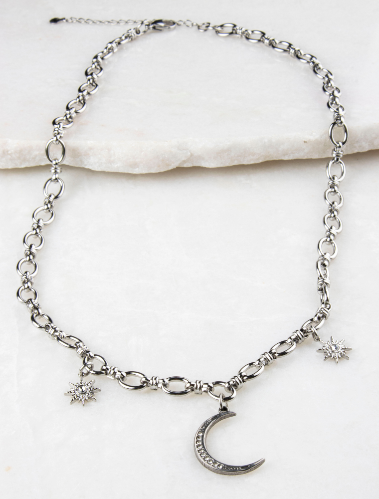 Lucinda Paperlink Waterproof Necklace with Moon & Star Charms - Silver/Stainless Steel - Image 2