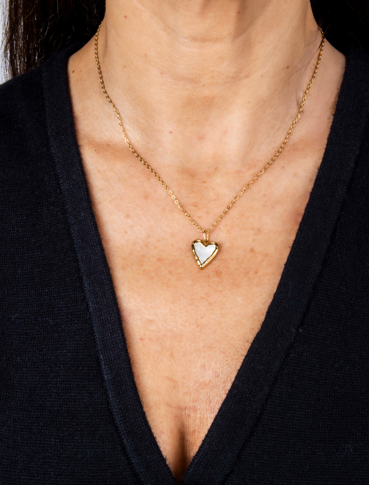 Tilly Fine Chain Waterproof Necklace with Mother of Pearl Heart Charm - 18k Gold Plated Stainless Steel - Image 5