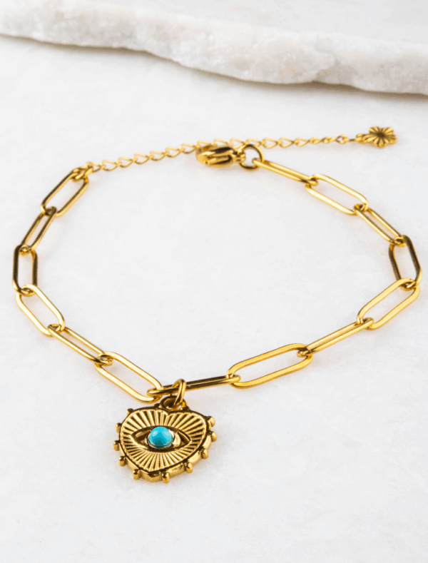 Orla Waterproof Paperlink Bracelet with Turquoise Eye Heart Charm - 18k Gold Plated/Stainless Steel - Image 3