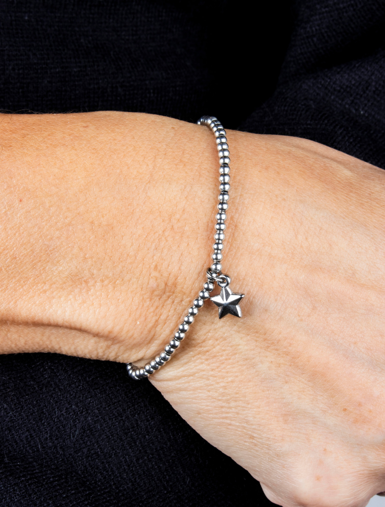 Sophie Waterproof Stretch Small Bead Bracelet With Star Charm - Silver/Stainless Steel - Image 2