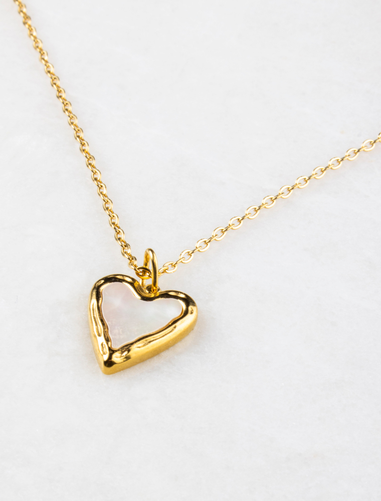 Tilly Fine Chain Waterproof Necklace with Mother of Pearl Heart Charm - 18k Gold Plated Stainless Steel - Image 3